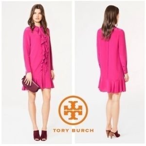 Tory Burch hibiscus flower Jane ruffle front silk shift dress size 2